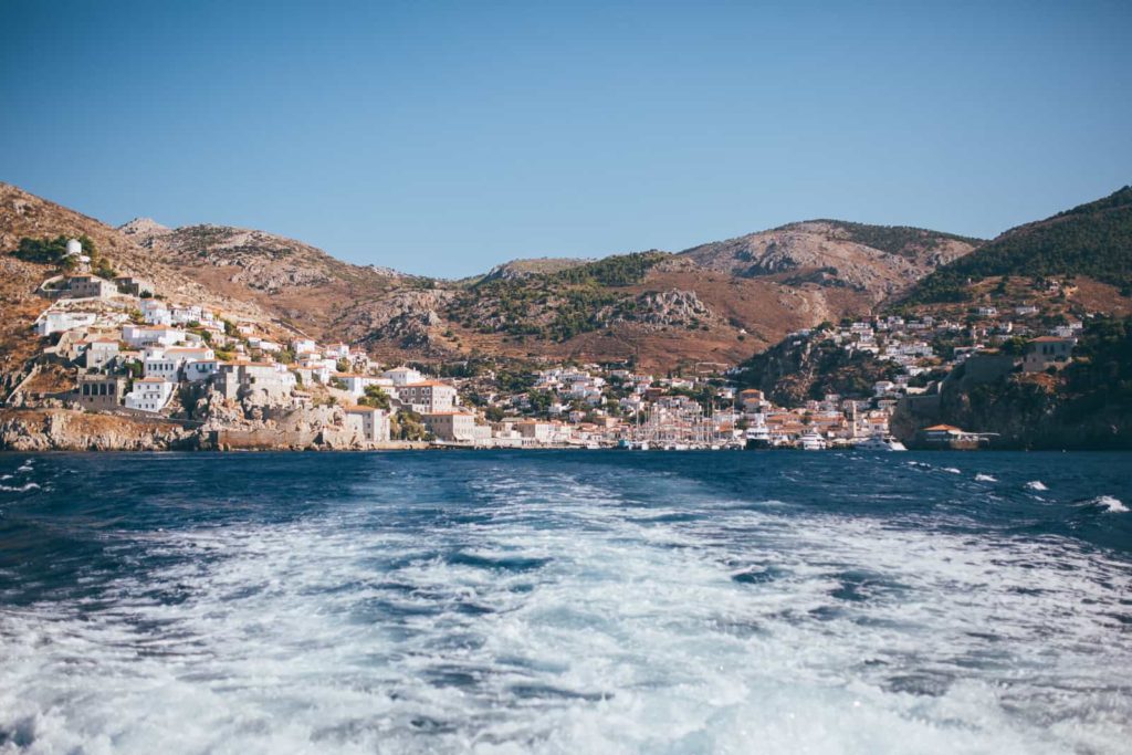 Hydra harbour from the ferry boat